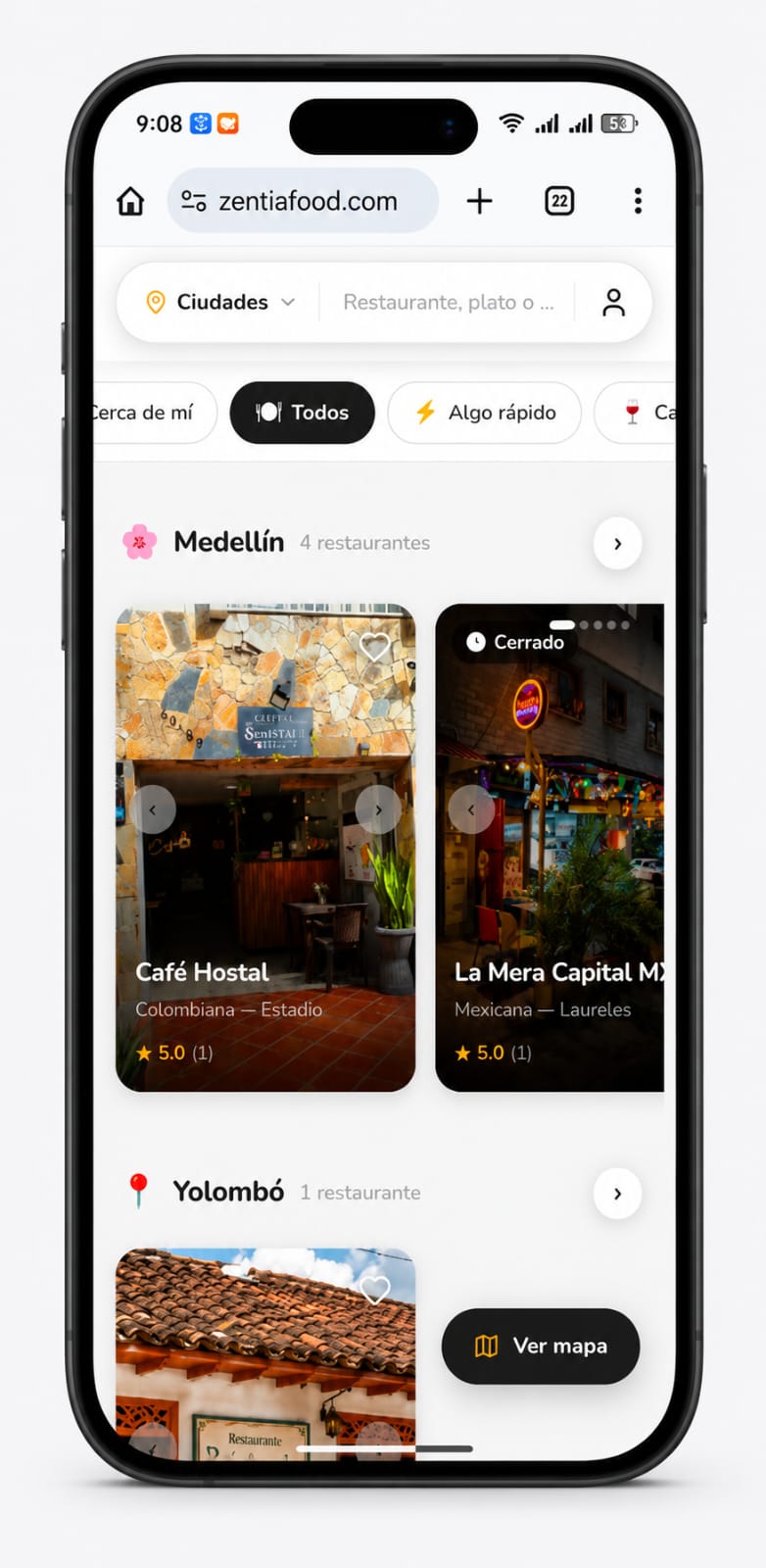 Resultados de búsqueda de restaurantes en Zentia Food, agrupados por ciudad