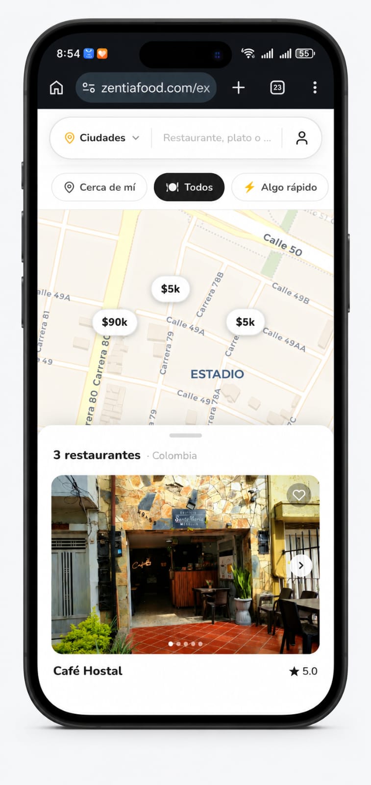 Mapa de Zentia Food mostrando restaurantes cercanos con precios