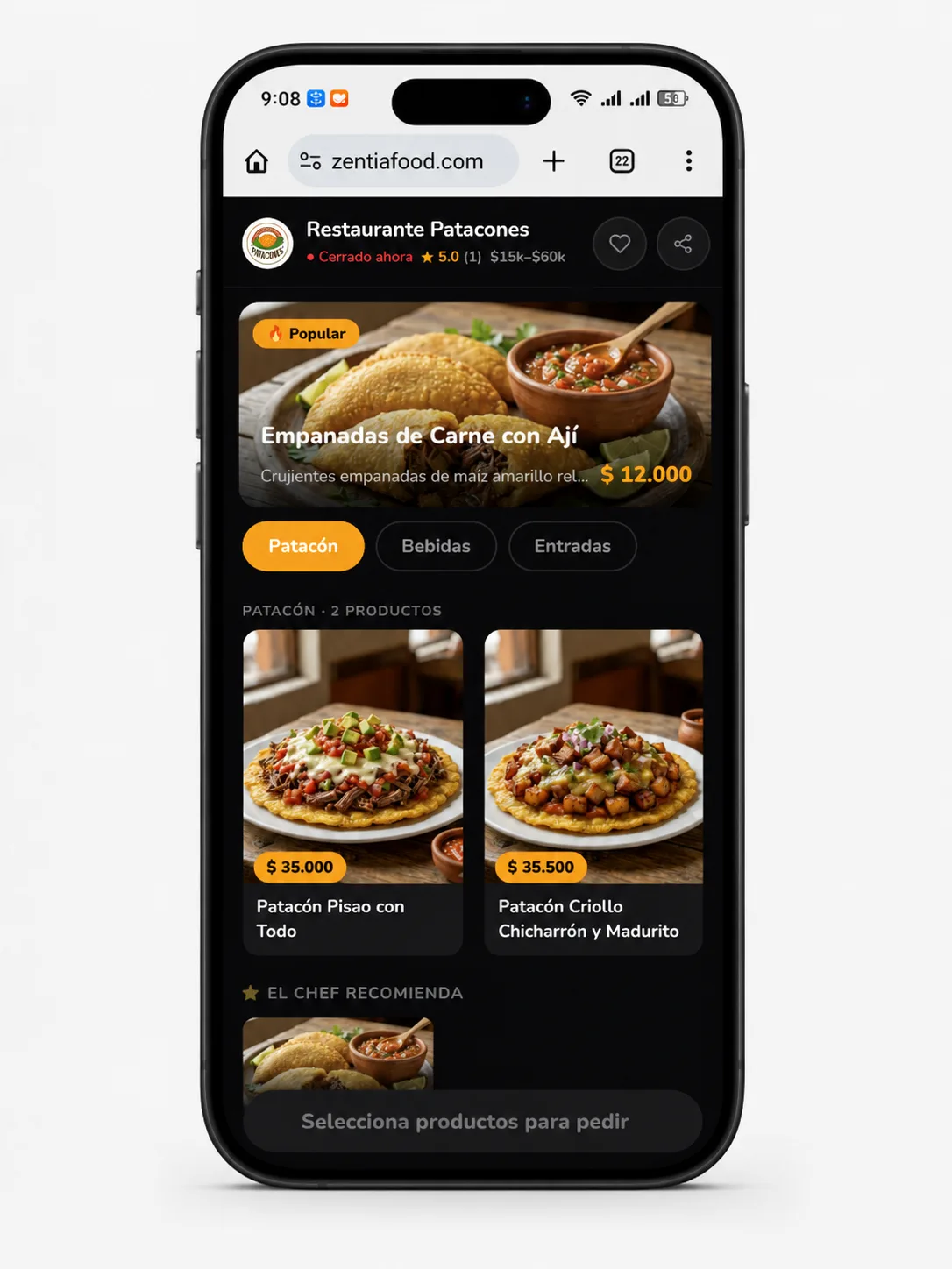 Menú digital real en Zentia Food, con fotos y precios actualizados