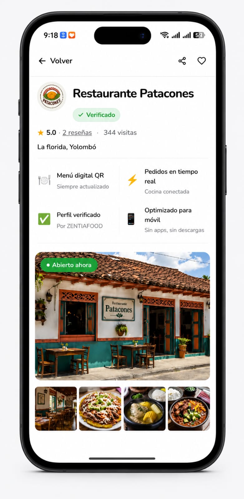 Perfil real de Restaurante Patacones en Zentia Food, con calificación y reseñas verificadas